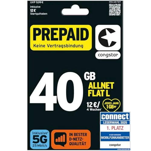 congstar Prepaid ALLNET L SIM-Karte ohne Vertrag I 40 GB Vielsurfer Prepaid-Paket + 40€ Wechselbonus, in D-Netz Qualität für Einsteiger I 5G mit 25 Mbit/s I Telefonie & SMS Flat in alle dt. Netze