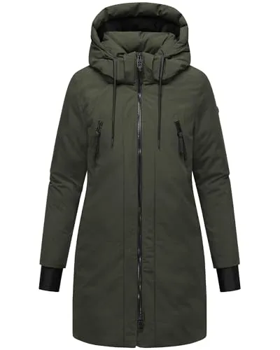 Navahoo Damen modischer Wintermantel warmer Parka mit (abnehmbarer) Kapuze und Rucksackträgern innen Winterzart 14 Dark Olive Gr. 5XL