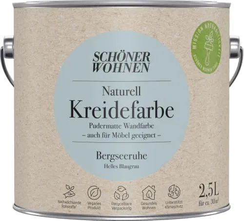 Schöner Wohnen 2,5L Naturell Kreidefarbe Bergseeruhe - Farben, umweltfreundliche Kreidefarbe in hellem Blaugrau für eine matte, natürliche Ausstrahlung und ein gesundes Raumklima.