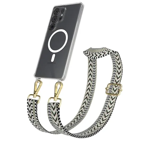 EAZY CASE Handykette - Verstellbares Taschenband kompatibel mit Galaxy S25 Ultra, Schulterriemen, Handykordel mit Silikon Hülle, Qi Charging kompatibel, Umhängetasche, Grün Schwarz Gold