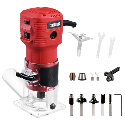 TEENO Holzfräse Oberfräse 800W 15000–32000 U/min mit Staubabsaugungsanschluss, Elektrik Kantenfräse Mit 5 Stück 1/4
