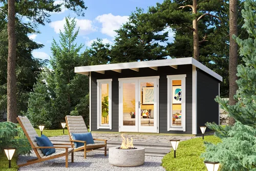 Gartenhaus Blockhaus Pultdach 44 mm Sizilien 1 grau 430x350 cm - Gartenhaus aus robustem Holz mit 44 mm Wandstärke und abschließbaren Doppeltüren. Ideal für Gartenlagerung und Freizeitgestaltung, mit 13,69 m² Nutzfläche.