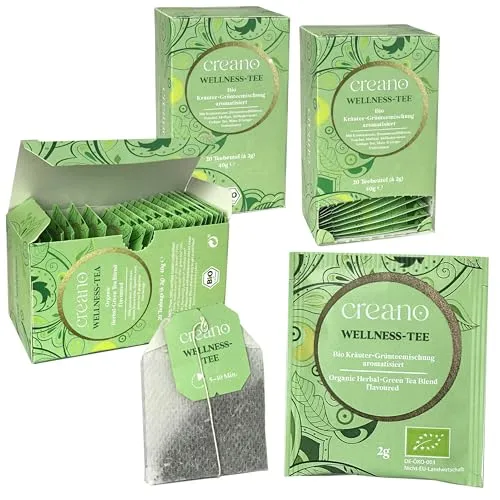 Creano Bio Tee WELLNESS-TEE, Kräuter-Grünteemischung, BIO Teebeutel-Tee 3er Pack (3x 20 Beutel)