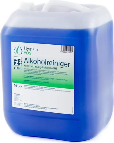 Hygiene Vos - Alkoholreiniger (10L) - Reinigungsmittel für Glas, Keramik und Kunststoffflächen, schnelltrocknend mit Limonenduft. Biologisch abbaubar für einen schlierenfreien Glanz.
