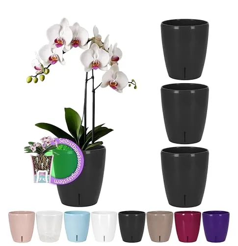 Santino 4er-Set Selbstbewässernder Topf mit Dochtsystem und Wasserstandsanzeige für den Innenbereich, Orchideentopf D 15cm (Anthracite, 2L)