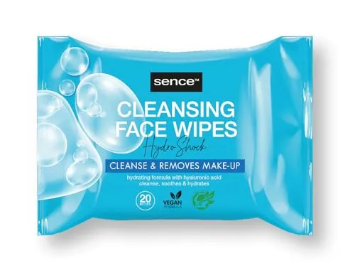 Sence Hydro Shock Gesichtsreinigungstücher Mit Hyaluron, Vegan Cleansing Face Wipes, Zum Reinigen Und Abschminken, Makeup Entferner Gesichtspflege Feuchttücher, Beauty Skincare (3 x 20 Stück)