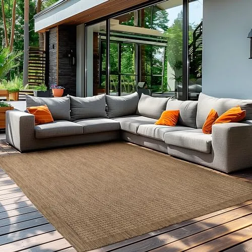 Teppium Modern Outdoor Teppich Wetterfest 140 x 200 cm Braun- Flachgewebe Sisaloptik Balkon Teppich Wasserfest - Waschbarer Teppich für Garten, Terrasse, Camping und Küche