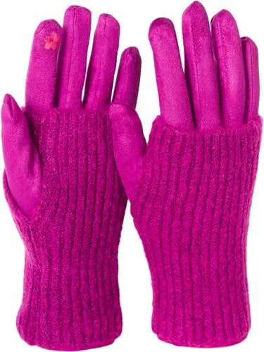 styleBREAKER Damen 3 in 1 Touchscreen Handschuhe mit abnehmbarer Strick Stulpe | Winterhandschuhe | 3 Tragevarianten | Weich warm elastisch in vielen Farben, Farbe:Magenta