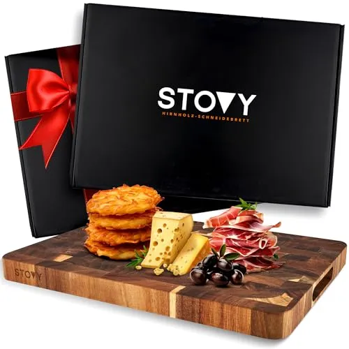 STOVY® Schneidebrett Holz – Stirnholz Schneidebrett aus massivem Akazienholz 40 x 30 x 3cm – Antibakterielles Hirnholzbrett – Akazienholz