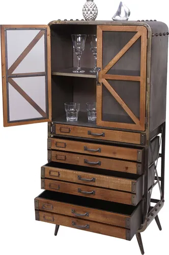 Mendler Hochschrank HWC-F91, Apothekerschrank im Industrial-Look - Schränke & Wandschränke - Rustikaler Vitrinenschrank aus Tannenholz und Metall, bietet viel Stauraum und kommt komplett vormontiert.