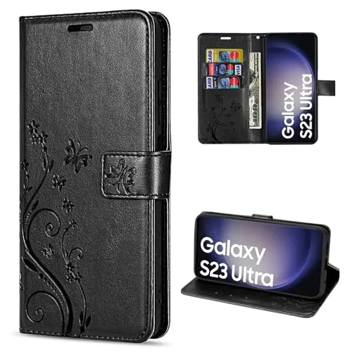 Hülle Kompatibel mit Samsung Galaxy S23 Ultra | Premium PU Leder Handyhülle Wallet Case für Galaxy S23 Ultra | Schutzhülle Blumen Klapphülle Handyhülle | Schwarz
