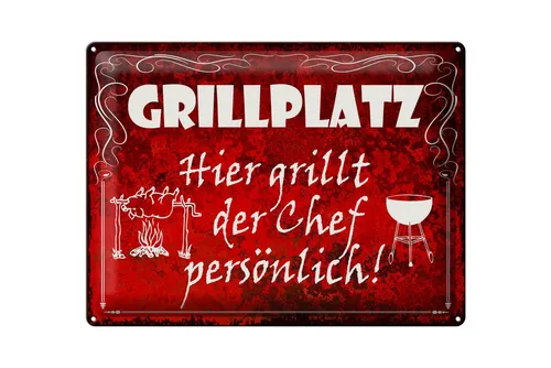 Femer GmbH Metallschild Hinweis 30x40 cm Grillplatz Hier grillt der Chef persönlich, (1 St), gewölbte Oberfläche, abgerundete Ecken, umgeschlagene Kanten