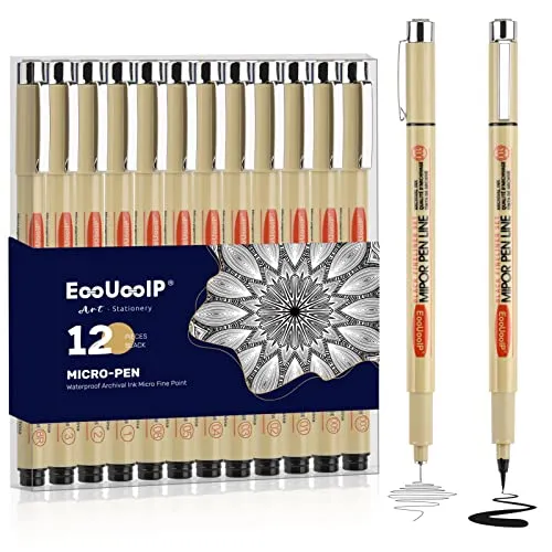 EooUooIP Schwarz Fineliner Stifte Set,12 Stück Micron Fineliner,Tintenstift,Schwarzer Filzstiften,Pigment Liner Set,Wasserfest,Stifte für Künstler, Illustration, Skizzen, Technisches Zeichnen