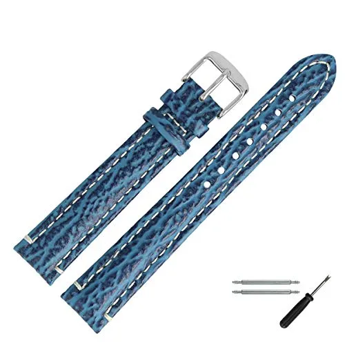 MARBURGER Uhrenarmband 18mm Leder Blau Silber XL Hai Prägung Mit Naht - Montage Set 6821850000120