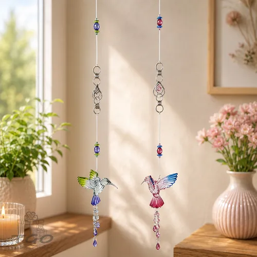 2er Set Deko Hänger Kolibri rosa + blau - Formano F25 - Moderne Deko Hänger aus Acryl und Metall, 68 cm lang, perfekt für kreative Wohnideen und stilvolle Akzente in Ihrem Zuhause.