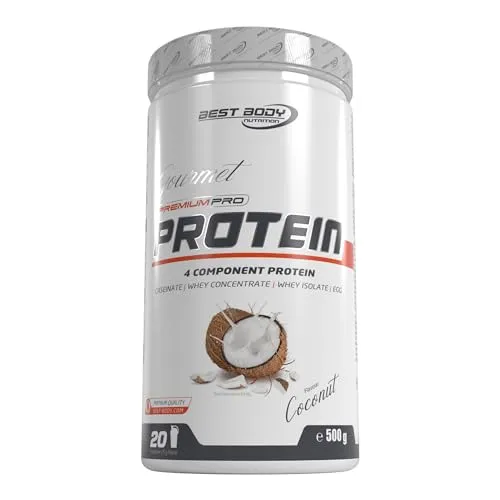 Best Body Nutrition Gourmet Premium Pro Protein, Coconut - 4 Komponenten Protein Shake - Mehrkomponenten Proteine mit 80% Proteinanteil, ideal für Muskelaufbau und -erhalt. Cremige Konsistenz und perfekte Löslichkeit in Milch oder Wasser.