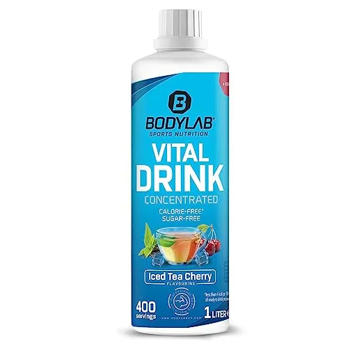Bodylab24 Vital Drink Concentrated Eistee-Kirsche 1000ml, Getränkekonzentrat zuckerfrei, Zero Sirup, mit Vitaminen und L-Carnitin, Sportgetränk mit wenig Kalorien