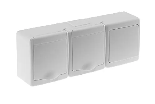 An-Aus-Schalter/Steckdose Kombination mit Klappdeckel Aufputz IP44 weiß