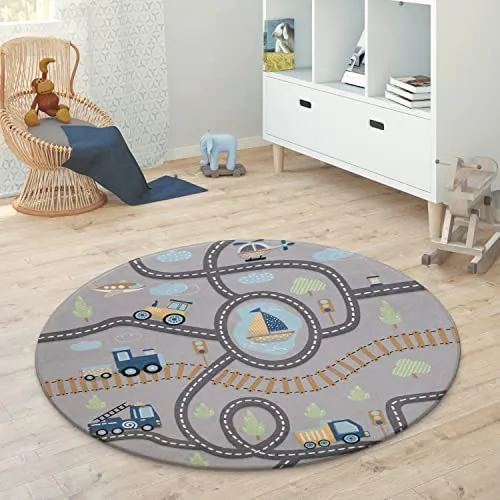 Paco Home Kinderteppich Teppich Rund Kinderzimmer Spielmatte Babymatte rutschfest Stern Mond Elefant Regenbogen, Grösse:Ø 150 cm Rund, Farbe:Grau 2