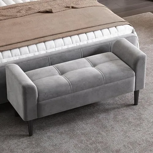 Polsterbank mit Armlehne - Vielseitige Bettbank und Garderobenbank in Grau - Drohnen-Zubehör: Hochwertige Polsterbank mit Samtbezug, ideal als Sitztruhe oder Hocker, belastbar bis 150 kg, modernes Design für jeden Raum.
