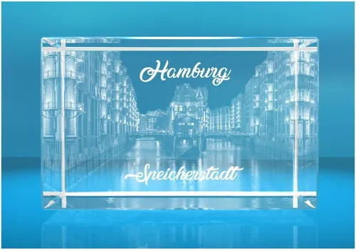Dekofigur 2D Glasquader I Hamburg I Speicherstadt, Hochwertige Geschenkbox, Made in Germany, Familienbetrieb