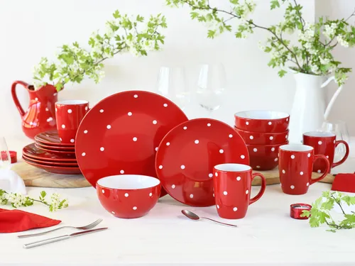 CreaTable Polka Dots Bunt Kombiservice 16-tlg - Kombiservices für bis zu vier Personen, aus langlebigem Steinzeug, spülmaschinen- und mikrowellengeeignet, mit fröhlichem Polka Dots Design in Blau und Rot.