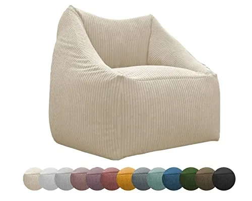 chilly pilley® Sitzsack Sessel in 2 Größen – Bequemer Bean Bag mit Bezug aus Cord, Leinenoptik oder wasserabweisendem Stoff – Moderner Loungesessel für Wohnzimmer, Kinderzimmer (Cremefarbig)