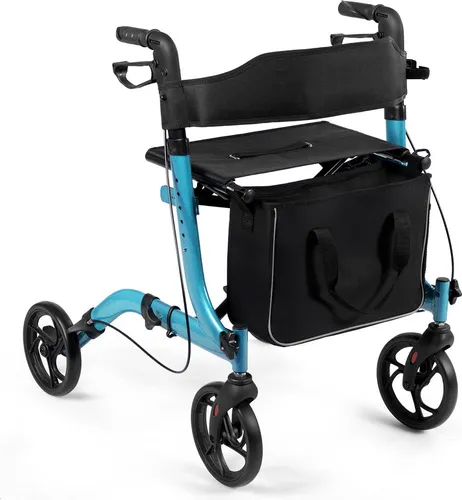 COSTWAY Aluminium Rollator, Reiserollator, Leichtgewichtrollator höhenverstellbar mit abnehmbarem Aufbewahrungsbeutel, Blau