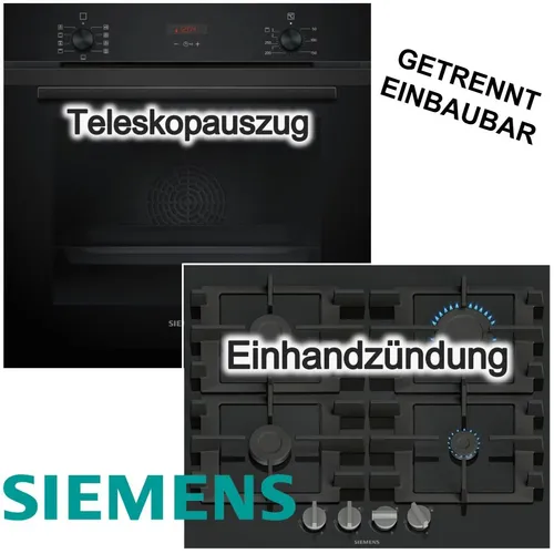 Siemens Backofenset mit Gaskochfeld Eco Clean 3D Heißluft Teleskopauszug Schwarz