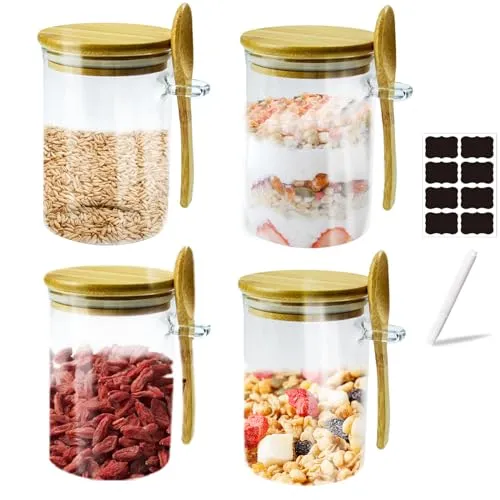 Hyacinthy Vorratsdosen mit Luftdichtem Deckel und Löffel Holz, 4er Set 650 ml Overnight Oats Gläser Meal Prep Glas Vorratsgläser mit Holzdeckel Aufbewahrungsgläser Küche Storage Jars Glasbehälter