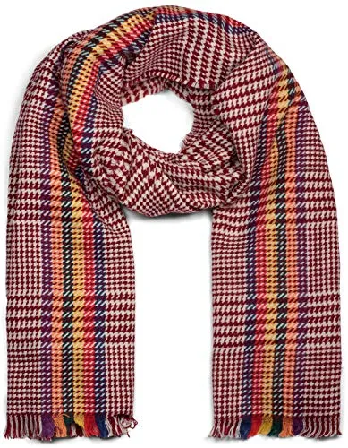 styleBREAKER Damen weicher Schal mit Pepita Hahnentritt Muster, bunten Streifen und Fransen, Winter, Stola 01017121, Farbe:Bordeaux-Rot-Beige