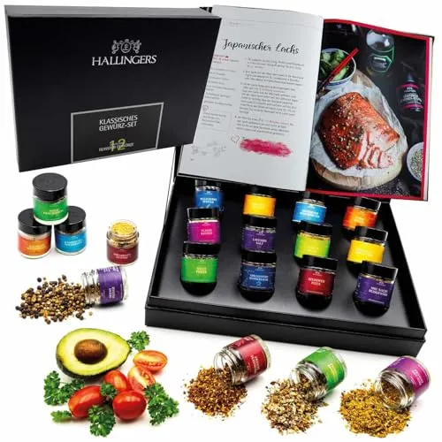 Hallingers Genuss Manufaktur Gewürz Geschenkset handgemacht, Bundle 12 Gewürze & Kochbuch