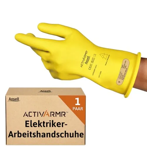 Ansell ActivArmr Elektriker-Schutzhandschuhe - Höchster Schutz für Elektromonteure - Arbeitshandschuhe der Klasse 00 (500V) aus Naturgummilatex, bieten optimale Flexibilität und höchsten Tragekomfort für sicheres Arbeiten mit Strom.