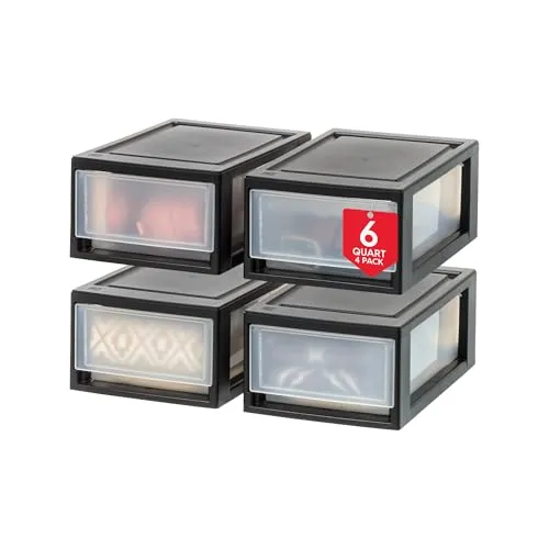 Iris Ohyama Aufbewahrungsschublade 4er-Set MSD-1, Schwarz - Schubladenboxen aus hochwertigem, transparentem Kunststoff für einfache Organisation und schnelles Erkennen des Inhalts. Stapelbar für platzsparende Aufbewahrungslösungen, ideal für Büro oder Zuhause.