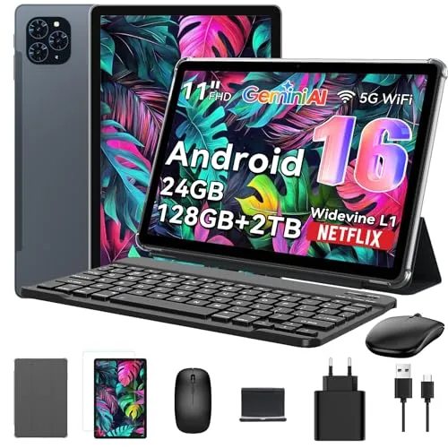 TABWEE Tablet 11 Zoll Android 16 mit Stift und Tastatur, Gemini AI 3.0, 24GB RAM + 128GB ROM (2TB TF), FHD IPS 120Hz Display, 8000mAh Akku, 13MP Kamera, 5G WiFi/BT 5.0, PC-Modus für Studium & Arbeit