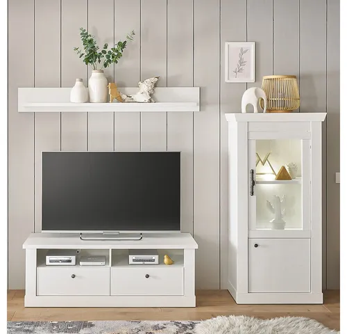 Lomadox Wohnwand RAPLA-61 mit LED-Beleuchtung - Stilvolle 3-teilige Wohnwand im Landhaus-Stil, gefertigt aus hochwertiger Spanplatte in Pinie weiß. Mit cleveren Details wie Softclose und stimmungsvoller LED-Beleuchtung bringt sie Ordnung und Gemütlichkeit in Dein Wohnzimmer.