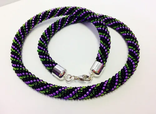 Häkelkette, Schwarz / Lila / Grün 925/- Verschluß