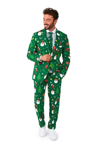 OppoSuits Weihnachtsanzug für Herren - Festliches Outfit in Grün - Blazer, Hose & Krawatte - FESTLICHES DESIGN: Dieser Anzug mit Geschenkpapierdruck bringt festliche Stimmung zu jeder Feier. Perfekt für Weihnachten, Junggesellenabschiede oder Partys. Slim Fit für eine moderne Passform - überprüfe die Maßanleitung für die ideale Größe!