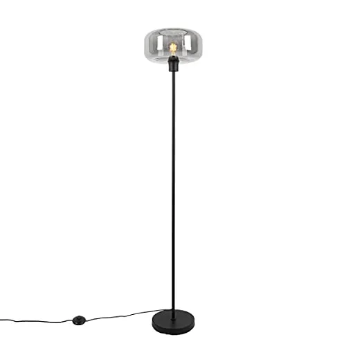 Qazqa Art Deco Stehlampe schwarz mit Rauchglas - Bizle I LED geeignet E27 - Standleuchten & Deckenfluter, elegante Art Deco Stehlampe mit dimmbarer E27 Fassung, ideal für Wohnzimmer und Schlafzimmer, sorgt für stimmungsvolle Beleuchtung.