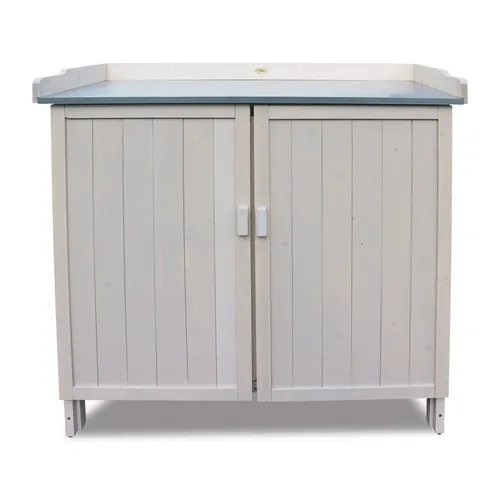 HABAU Gartenschrank Lino mit Pflanztisch - Gartenhausschrank mit wetterfestem, lasiertem Holz und geräumigem Unterschrank. Ideal für Garten, Terrasse und Balkon – praktische Metall-Arbeitsplatte für Gartenarbeiten.