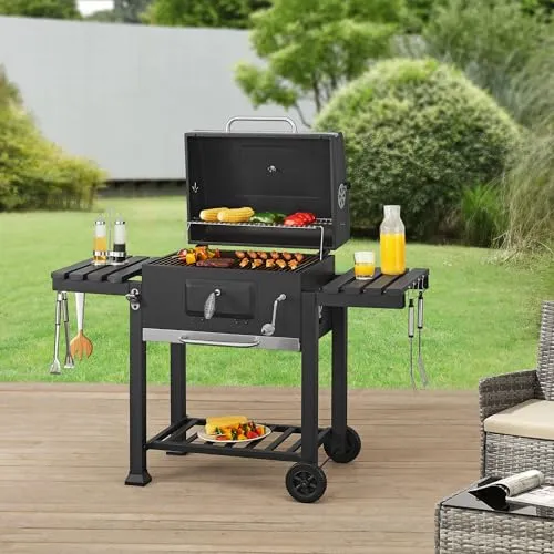 casa.pro Grillwagen Arnad Holzkohlegrill mit Deckel - Grillwagen für BBQ mit großzügiger Grillfläche, seitlichen Ablagen und präzisem Deckelthermometer für perfekte Grilltemperatur.