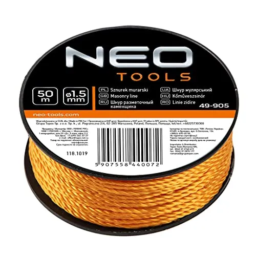 NEO TOOLS Maurerschnur 1.5 mm, 50m /100 m auf Spule, zum Anzeichnen von geraden Linien verwendet; die Spule besteht aus Kunststoff; starke, geflochtene Schnur, reißfest (50m)