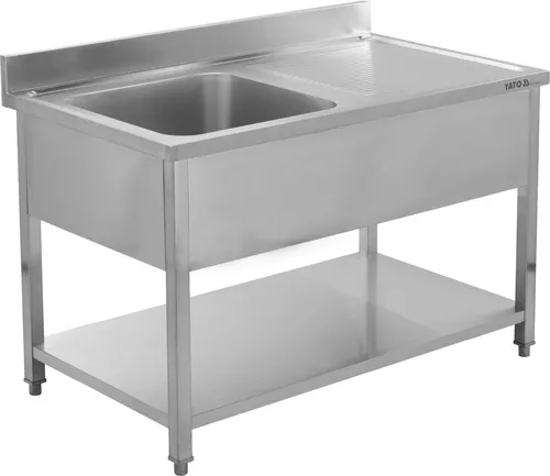 TRIZERATOP Edelstahlspüle mit Arbeitstisch 140x60 cm - Professioneller Gastronomietisch mit integriertem Spülbecken 140x60 cm. Ideal für Großküchen und Catering, bietet er eine großzügige Arbeitsfläche und praktische Spülzone. Robuste Edelstahlkonstruktion für Langlebigkeit und einfache Reinigung.