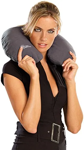 newgen medicals Reise Nackenkissen: Aufblasbares Nackenhörnchen mit hochwertigem Fleece-Bezug, dunkelgrau (Aufblasbares Seitenschläferkissen, Nackenkissen Reise aufblasbar, Aufblasbarer)