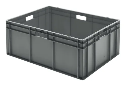 Transportstapelbehälter L800xB600xH320mm grau - Werkstatteinrichtung aus lebensmittelechtem Polypropylen (PP) – ideal für Transport und Lagerung, temperaturbeständig von -20 °C bis +65 °C und perfekt auf Palettenmaß abgestimmt.