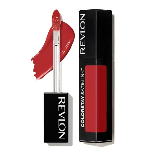 Revlon, flüssiger Lippenstift, Gesichtsmakeup, ColorStay Satin Ink, langanhaltende kräftige Lippenfarben, formuliert mit schwarzem Johannisbeersamenöl, 018 Fired Up, 0,17 Fl Oz