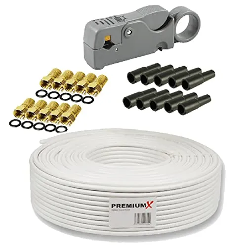 Premium X 50m Koaxialkabel 135dB - HiFi-Kabel mit 4-facher Alu-Abschirmung für hervorragenden Empfang. Ideal für Sat-Anlagen, Kabelfernsehen und Internet. Inklusive Entmanteler und 10x F-Stecker für einfache Installation.