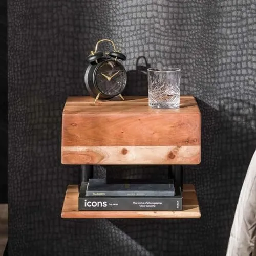 RINGO-Living Massivholz Nachttisch Mit 2 Ablagen & Schublade Grifflos, Schwebend Stauraum Industrial Style, Nachtschrank Klein, Holz Metall Echtholz