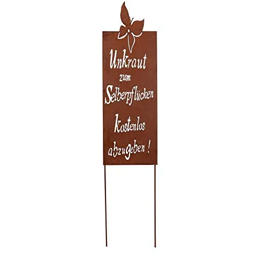 UNUS Gartendeko Gartenstecker Rost, 66x22 cm, Stecker aus Edelrost Metall, Garten Schild mit Spruch Unkraut Pflücken, für Garten, Blumenbeet und Blumenkübel