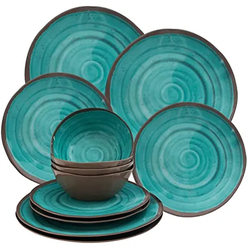 Melamin Camping Geschirr Geschirrset 4 Personen Tafelservice 12 teilig Tafelgeschirr Outdoor Essgeschirr Kombiservice 12 tlg modernes Campinggeschirr Picknickgeschirr